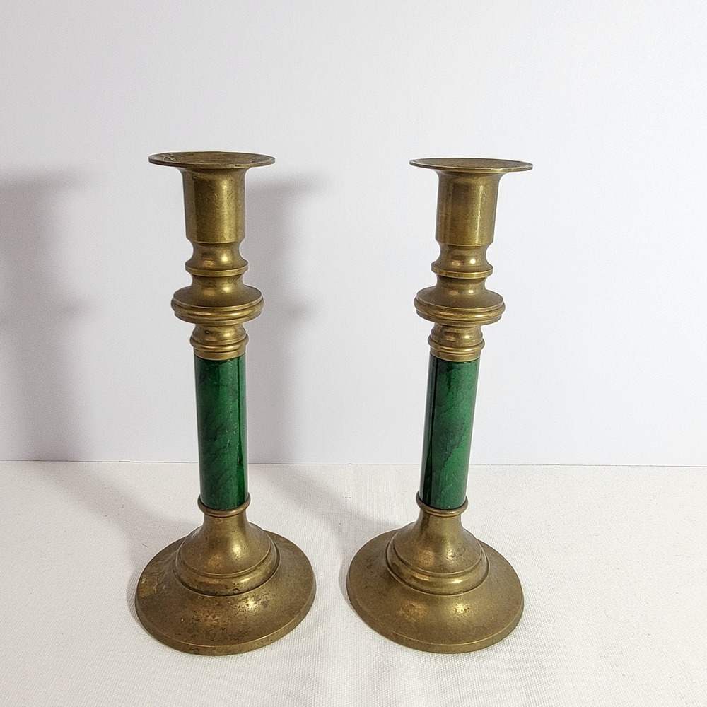 Vintage Brass Candlestick Holders Green Marbled Pillar Set of 2 Gold Tone 8 inch